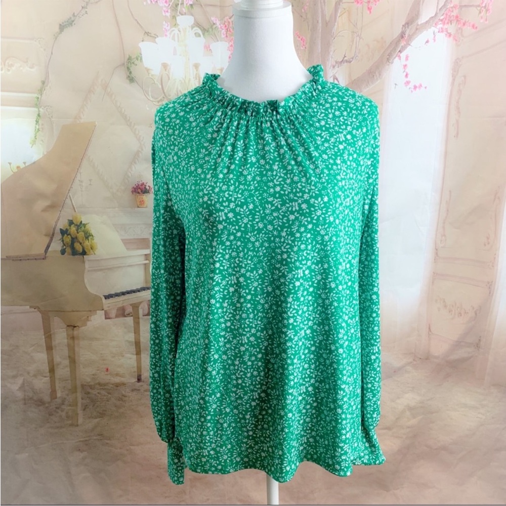Adrianna Papell Peasant Blouse 3/4 Sleeves Ruffle Neck Ditsy Floral Green Sz M